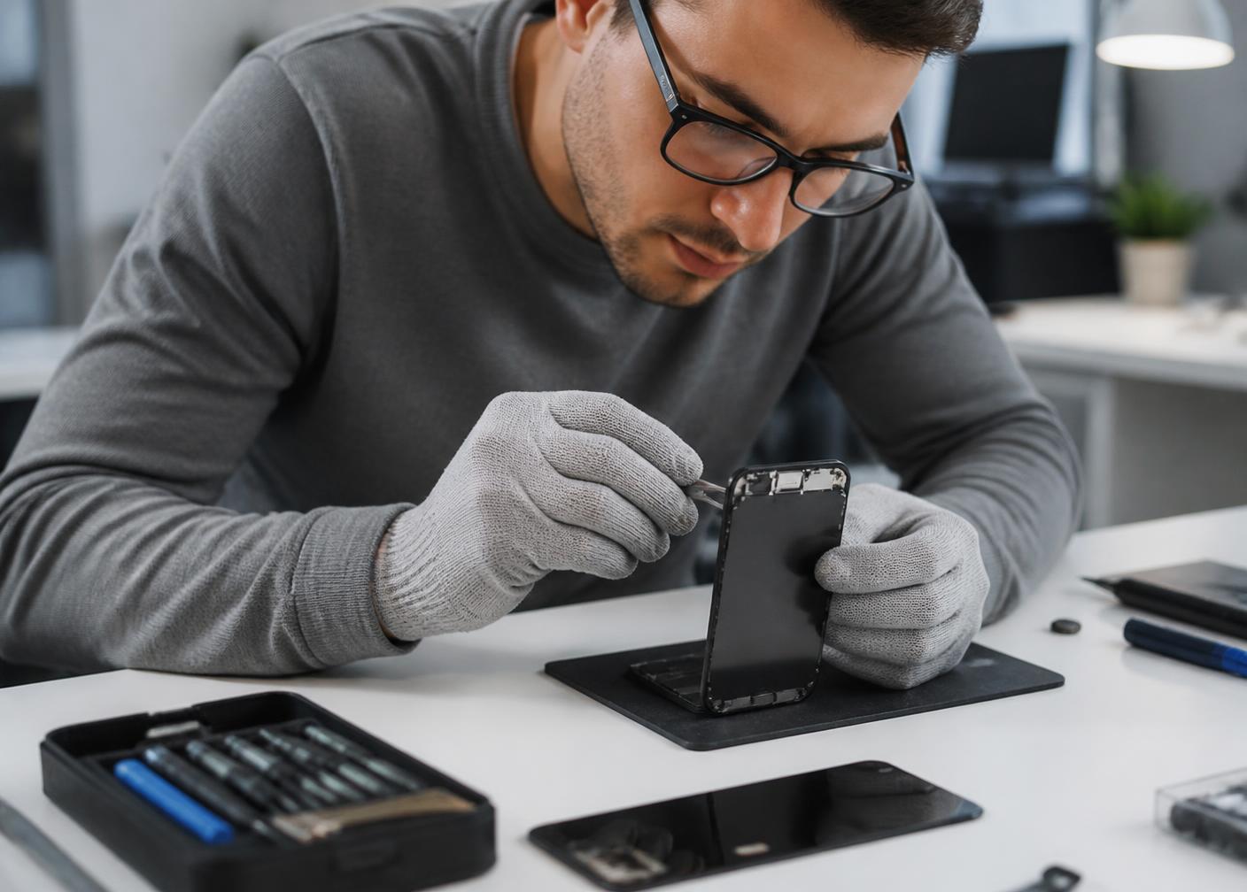 Techniker repariert das Display eines Smartphones in Bayreuth
